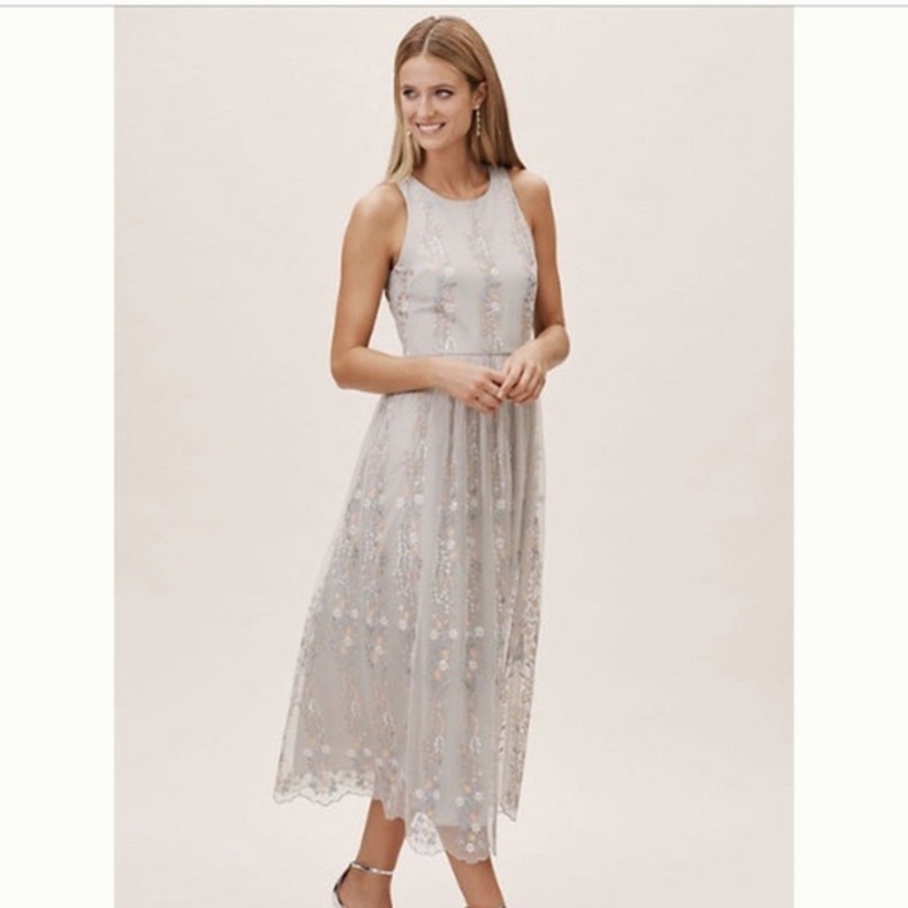 BHLDN Parsons Dress Light Gray/Silver Dress with Floral Embroidery